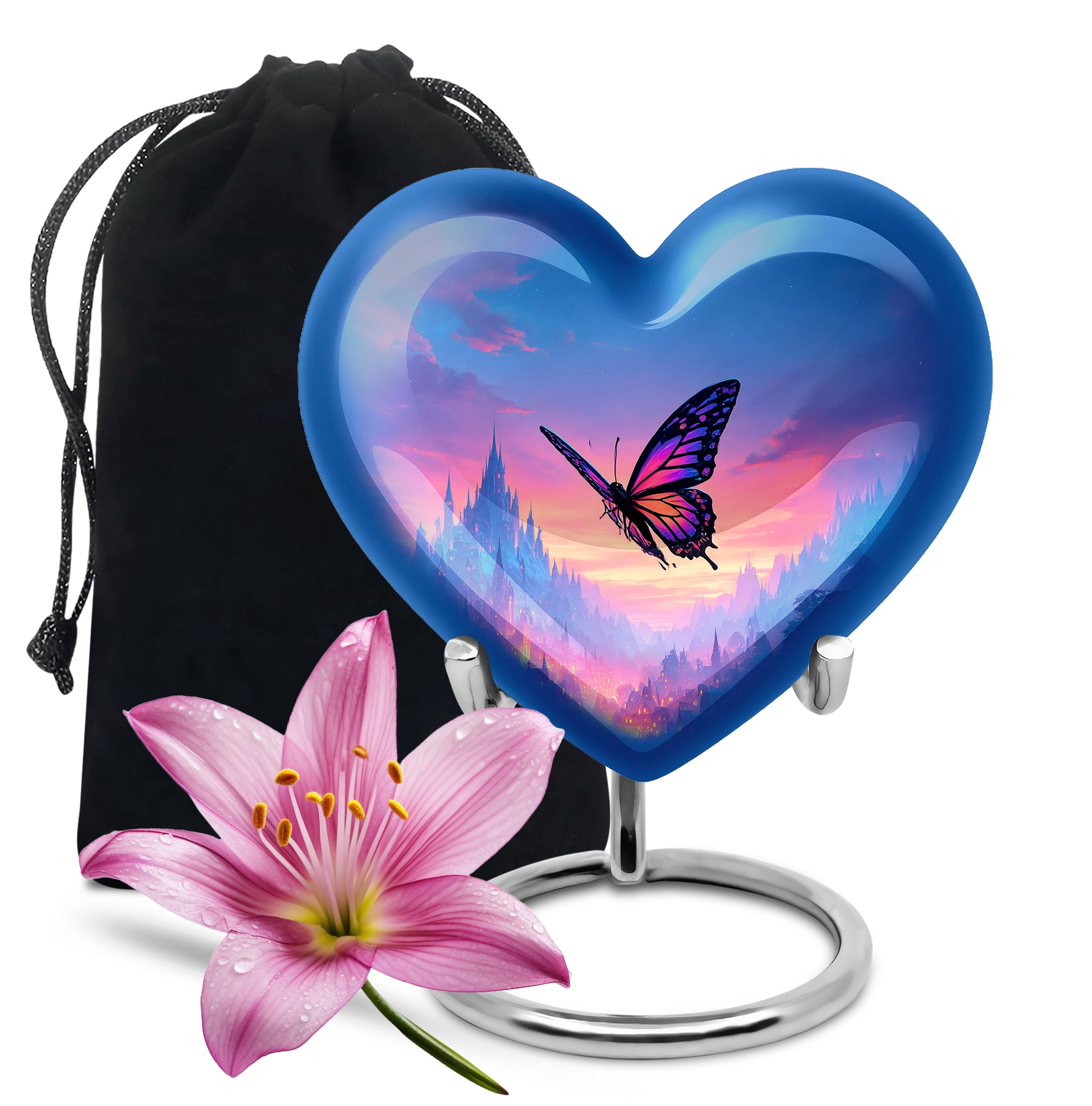 Sky Blue Butterfly Cremation Urn detail view - loving heart memorial featuring butterfly pattern - full-size 10 inch 200 cubic inch adult cremation urn