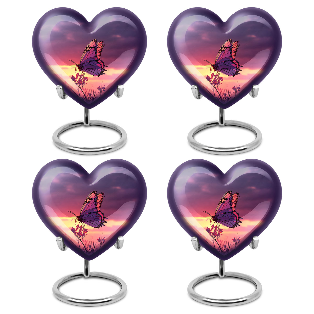 Pastel Blue Butterfly Cremation Urn angled view of lid and engraved motif - heart-shaped butterfly design symbolizing eternal love - 10 inch aluminum urn for cremated remains