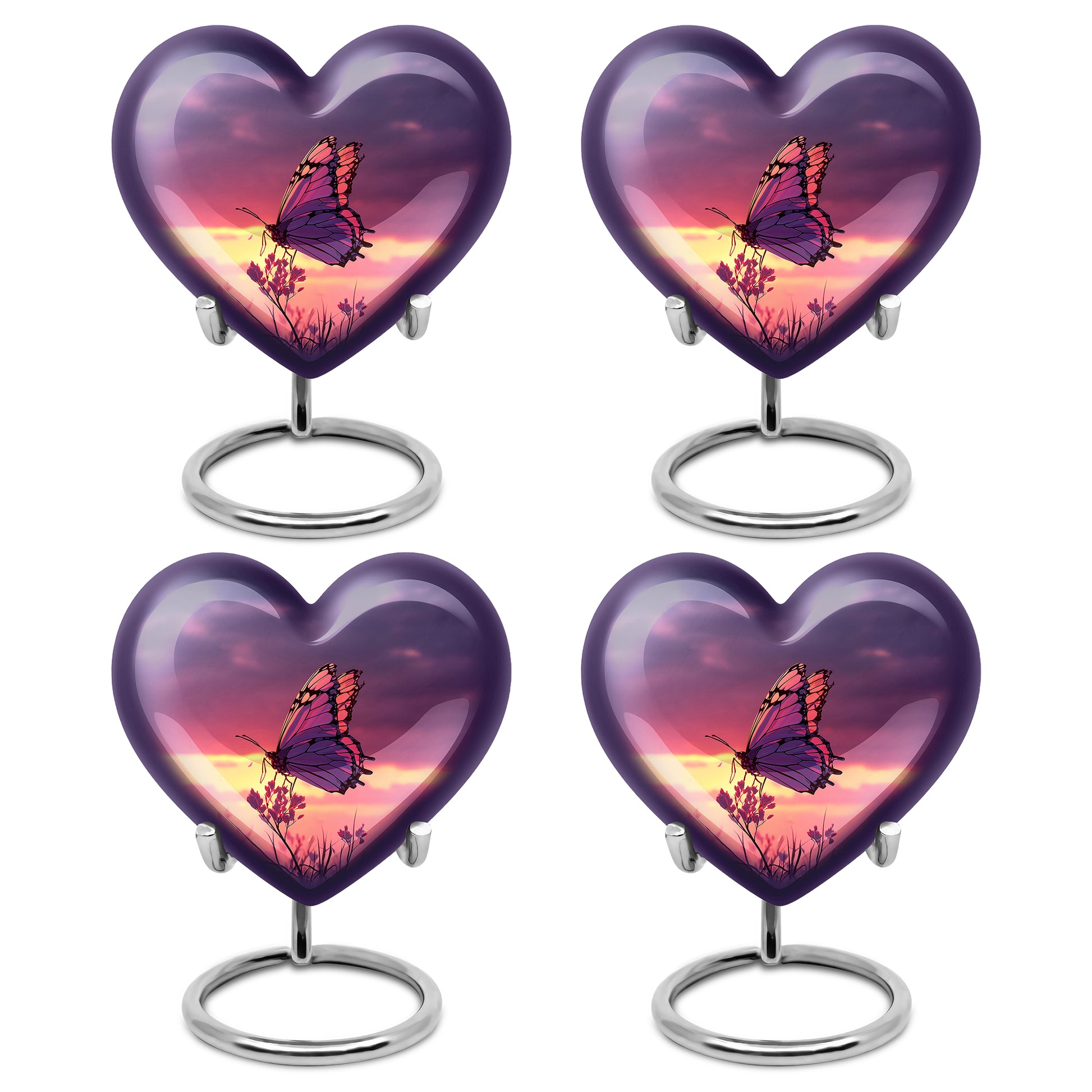 Pastel Blue Butterfly Cremation Urn angled view of lid and engraved motif - heart-shaped butterfly design symbolizing eternal love - 10 inch aluminum urn for cremated remains