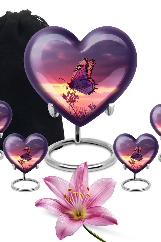 Slate Blue Butterfly Cremation Urn close-up of engraving and surface detail - loving heart memorial featuring butterfly pattern - memorial set with one large and four small urns