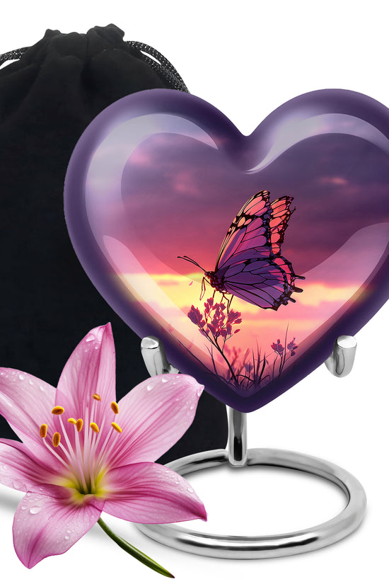 Sapphire Blue Butterfly Cremation Urn detail view - compassionate heart-butterfly combination with gentle curves - full-size 10 inch 200 cubic inch adult cremation urn