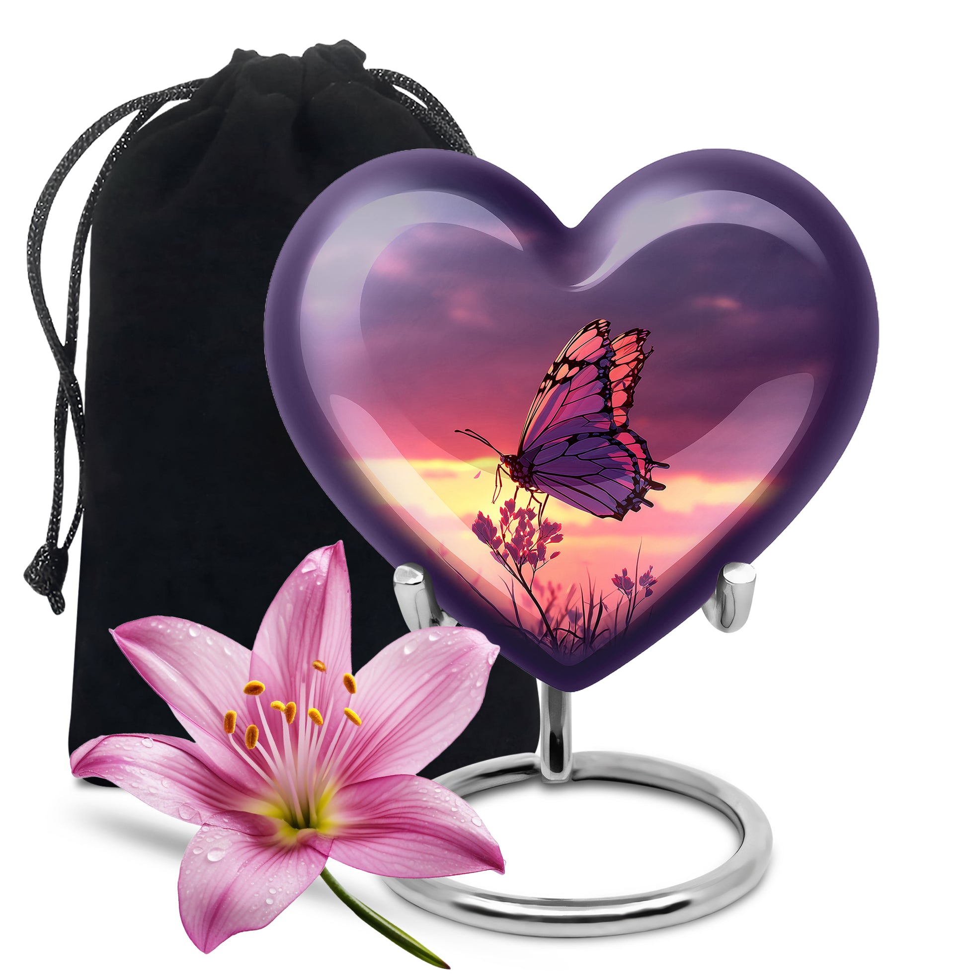 Sapphire Blue Butterfly Cremation Urn detail view - compassionate heart-butterfly combination with gentle curves - full-size 10 inch 200 cubic inch adult cremation urn