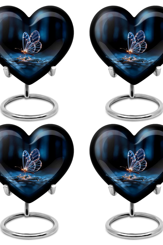 Onyx Black Butterfly Cremation Urn angled view of lid and engraved motif - romantic heart urn with butterfly motif on aluminum - 10 inch aluminum urn for cremated remains