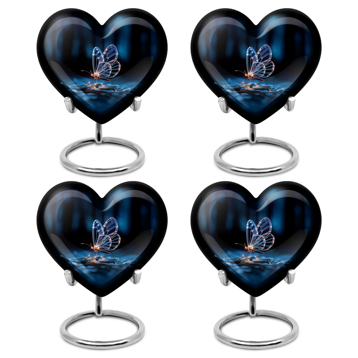 Onyx Black Butterfly Cremation Urn angled view of lid and engraved motif - romantic heart urn with butterfly motif on aluminum - 10 inch aluminum urn for cremated remains