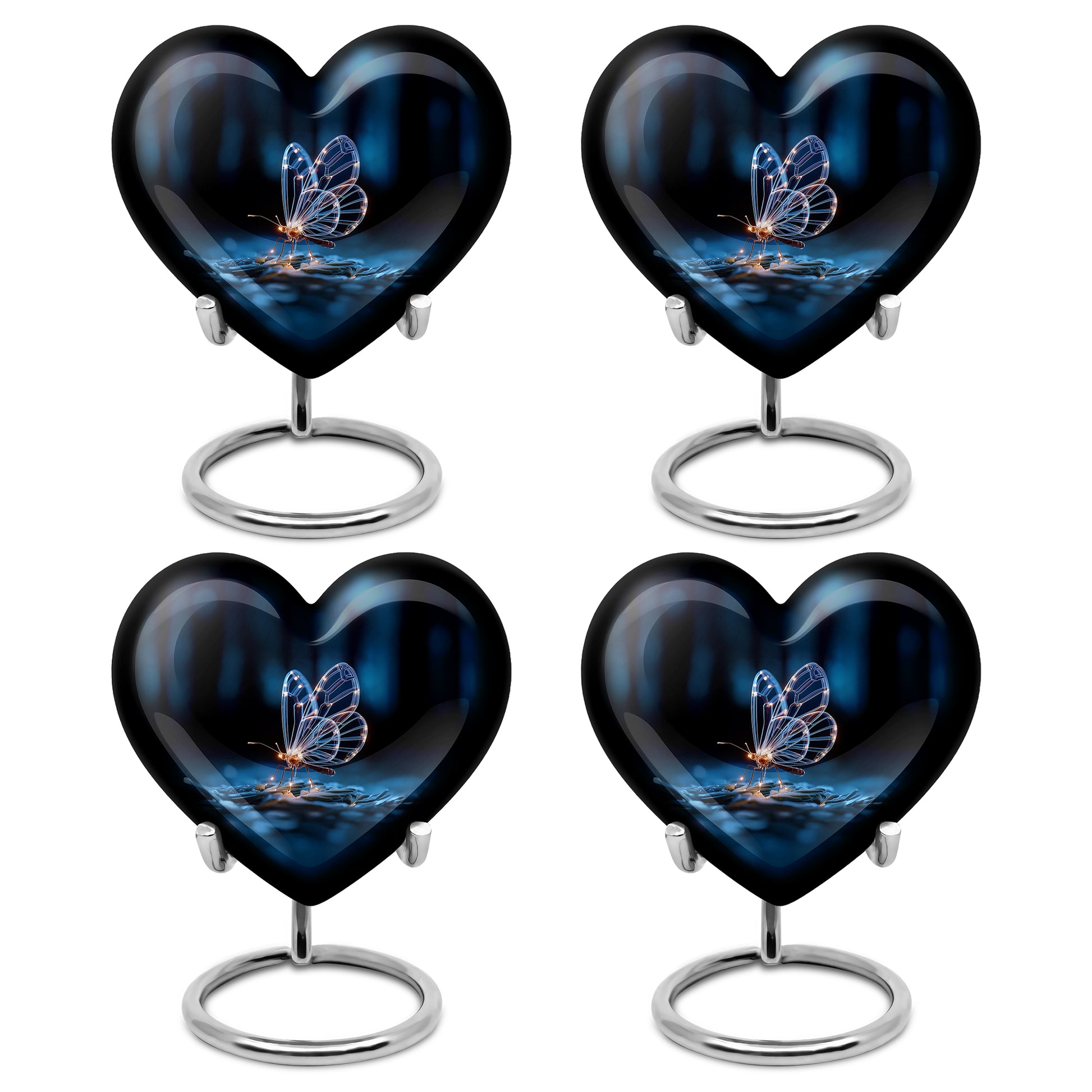 Onyx Black Butterfly Cremation Urn angled view of lid and engraved motif - romantic heart urn with butterfly motif on aluminum - 10 inch aluminum urn for cremated remains
