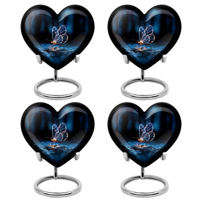 Onyx Black Butterfly Cremation Urn angled view of lid and engraved motif - romantic heart urn with butterfly motif on aluminum - 10 inch aluminum urn for cremated remains