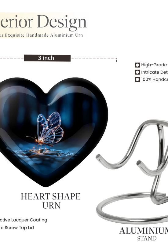 Onyx Black Butterfly Cremation Urn front view showing detailed design - romantic heart urn with butterfly motif on aluminum - mini keepsake memorial for portion of cremation ashes