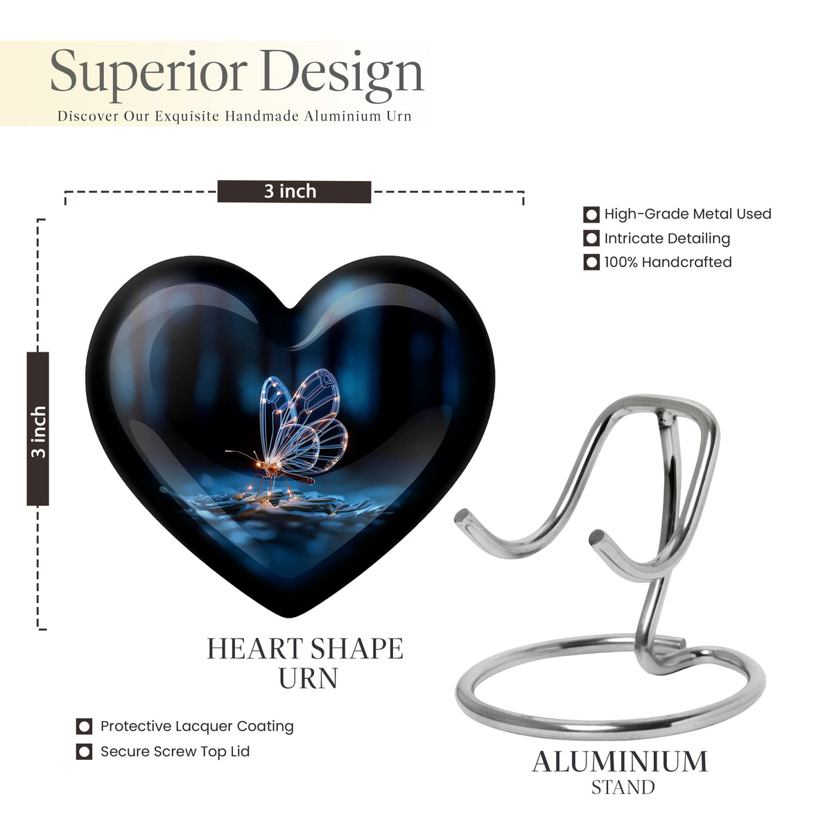 Onyx Black Butterfly Cremation Urn front view showing detailed design - romantic heart urn with butterfly motif on aluminum - mini keepsake memorial for portion of cremation ashes