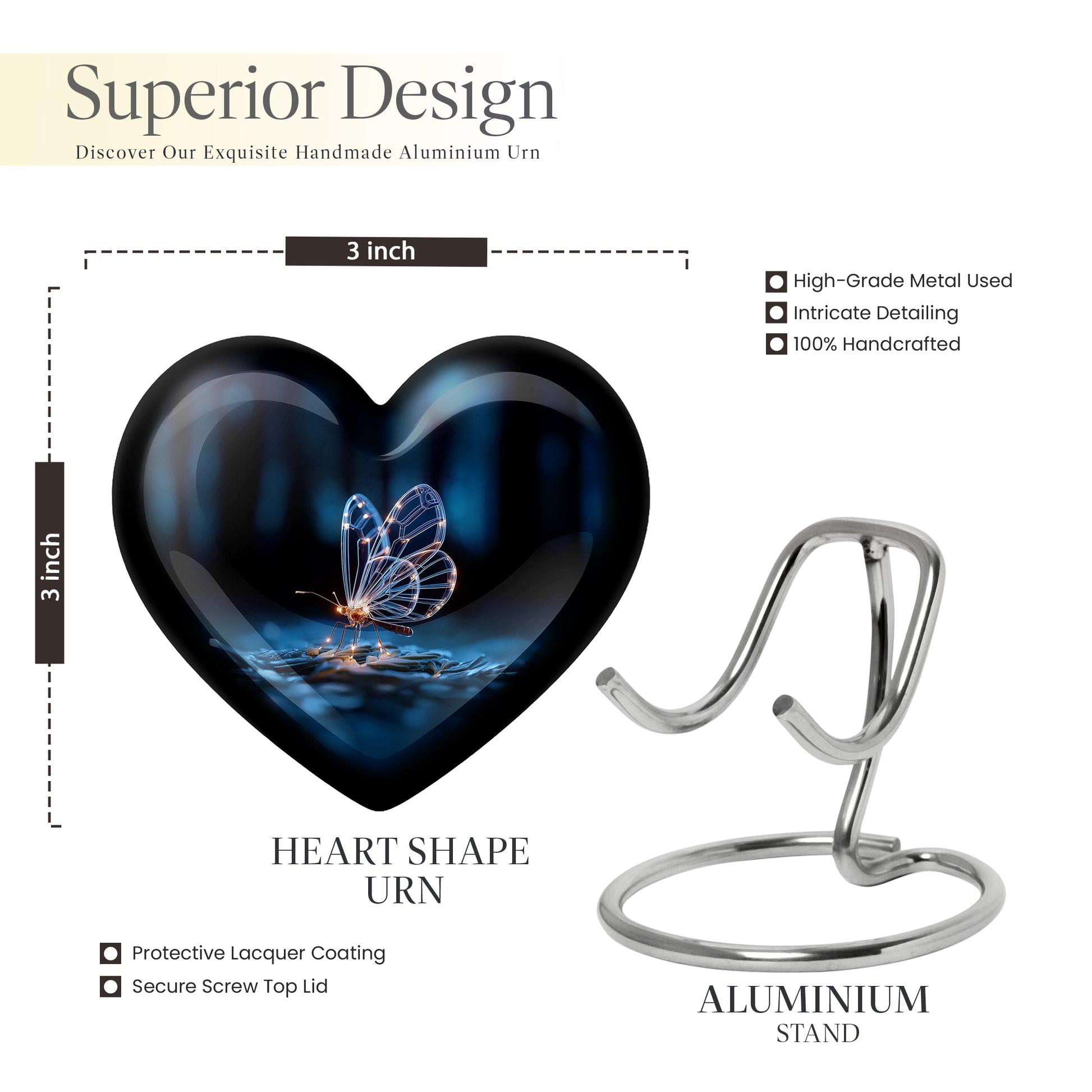 Onyx Black Butterfly Cremation Urn front view showing detailed design - romantic heart urn with butterfly motif on aluminum - mini keepsake memorial for portion of cremation ashes