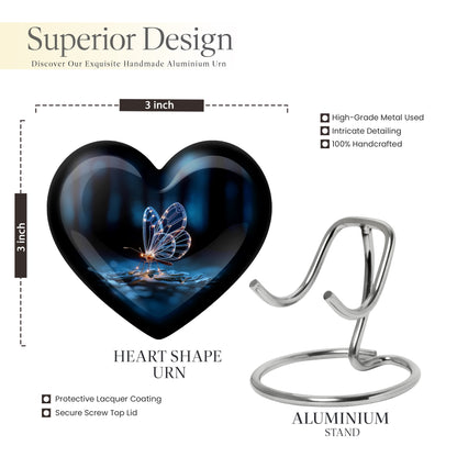Onyx Black Butterfly Cremation Urn front view showing detailed design - romantic heart urn with butterfly motif on aluminum - mini keepsake memorial for portion of cremation ashes