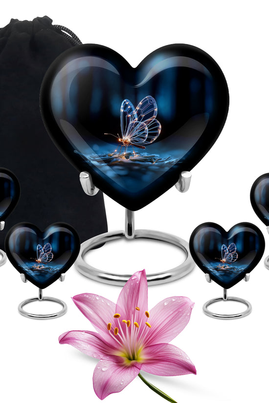 Ebony Butterfly Cremation Urn close-up of engraving and surface detail - loving heart memorial featuring butterfly pattern - memorial set with one large and four small urns