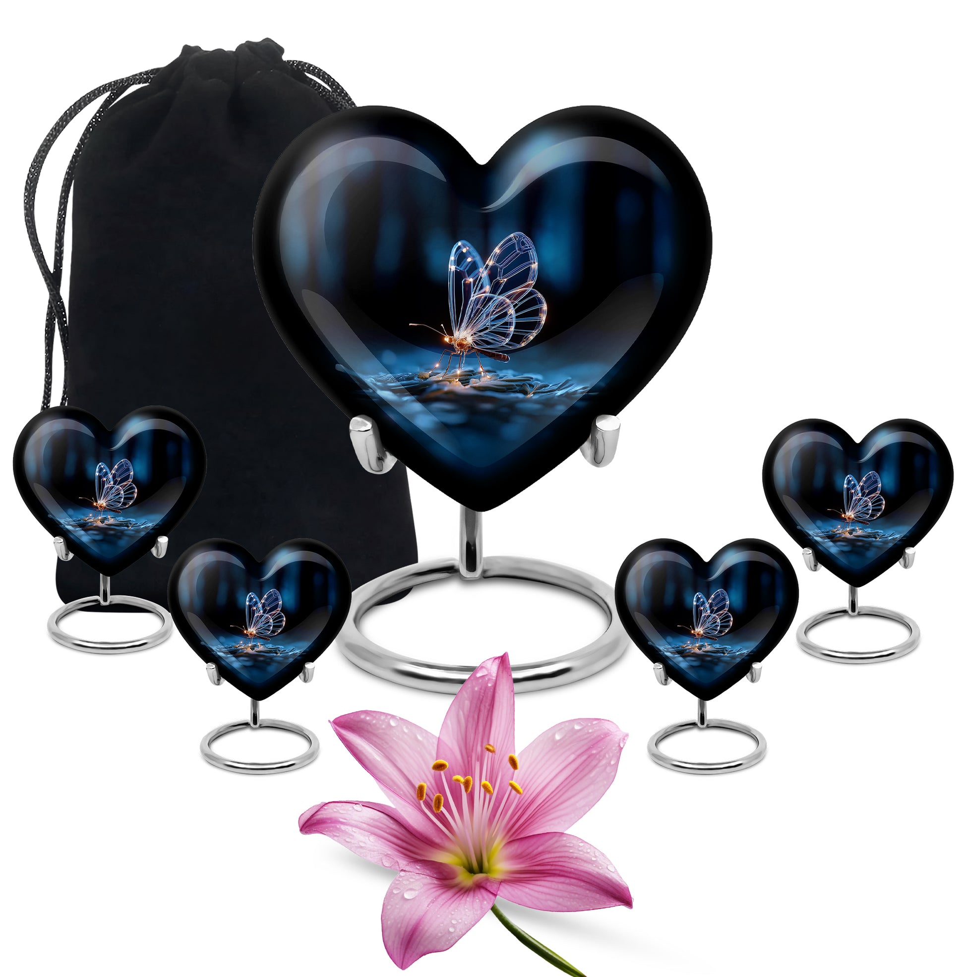 Ebony Butterfly Cremation Urn close-up of engraving and surface detail - loving heart memorial featuring butterfly pattern - memorial set with one large and four small urns