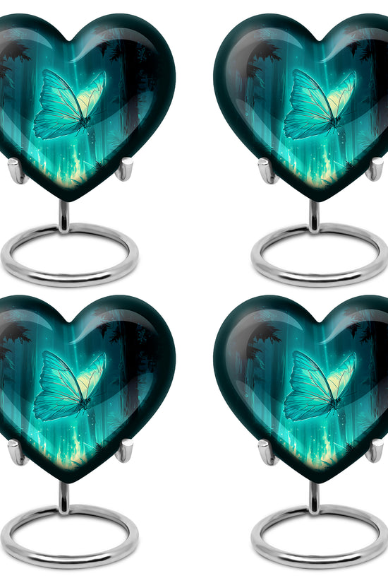 Cool Teal Butterfly Cremation Urn angled view of lid and engraved motif - loving heart memorial featuring butterfly pattern - 10 inch aluminum urn for cremated remains