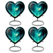 Cool Teal Butterfly Cremation Urn angled view of lid and engraved motif - loving heart memorial featuring butterfly pattern - 10 inch aluminum urn for cremated remains