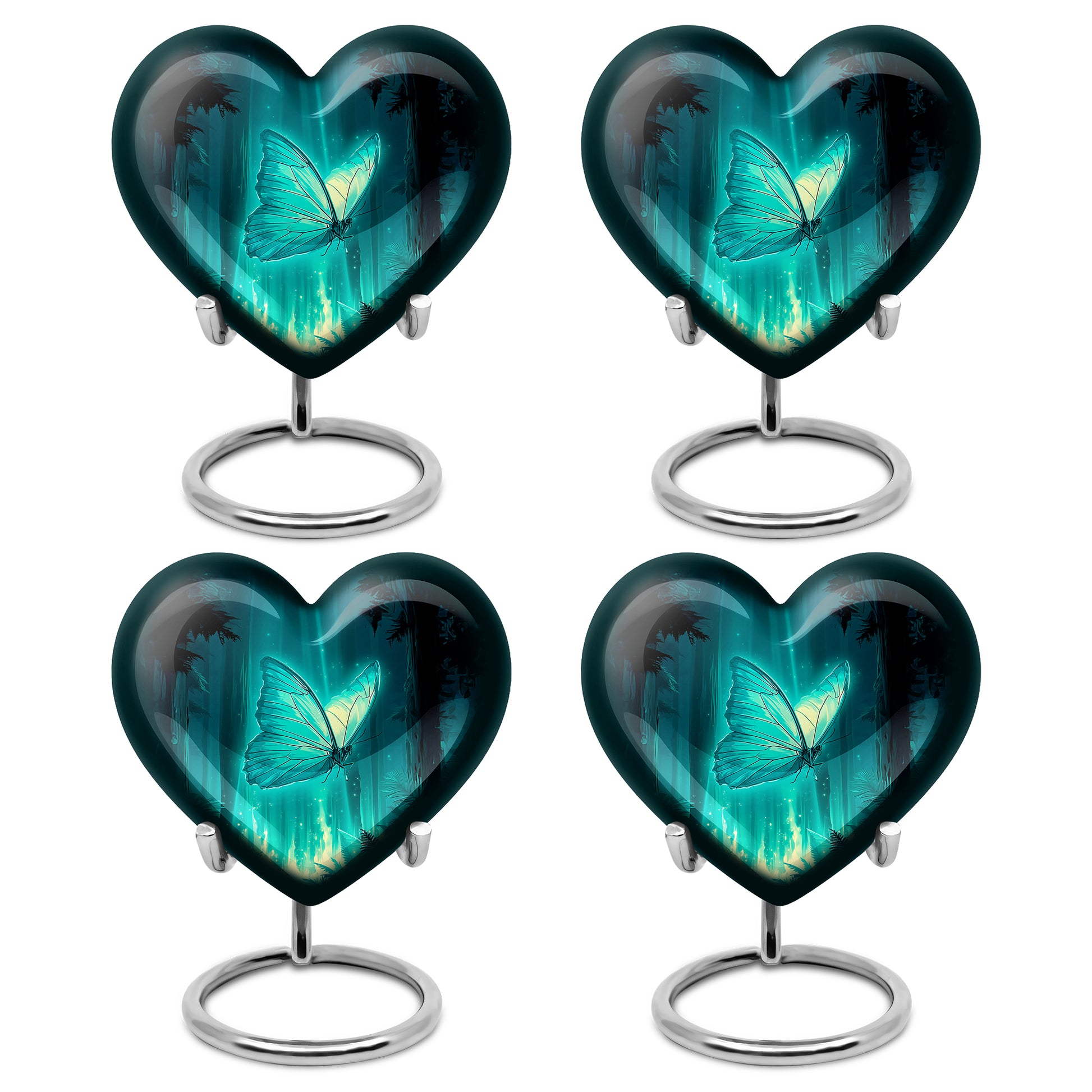 Cool Teal Butterfly Cremation Urn angled view of lid and engraved motif - loving heart memorial featuring butterfly pattern - 10 inch aluminum urn for cremated remains