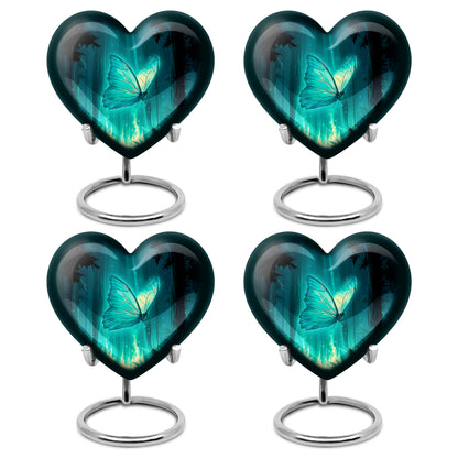 Cool Teal Butterfly Cremation Urn angled view of lid and engraved motif - loving heart memorial featuring butterfly pattern - 10 inch aluminum urn for cremated remains