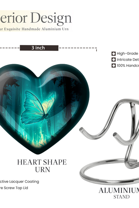 Jewel Teal Butterfly Cremation Urn front view showing detailed design - loving heart memorial featuring butterfly pattern - mini keepsake memorial for portion of cremation ashes
