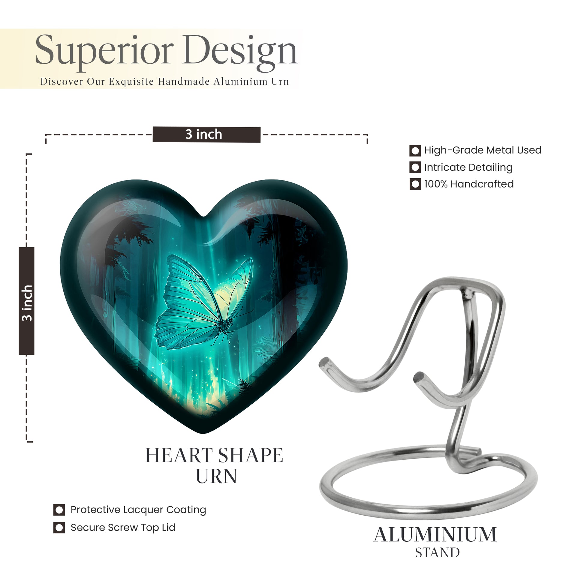 Jewel Teal Butterfly Cremation Urn front view showing detailed design - loving heart memorial featuring butterfly pattern - mini keepsake memorial for portion of cremation ashes