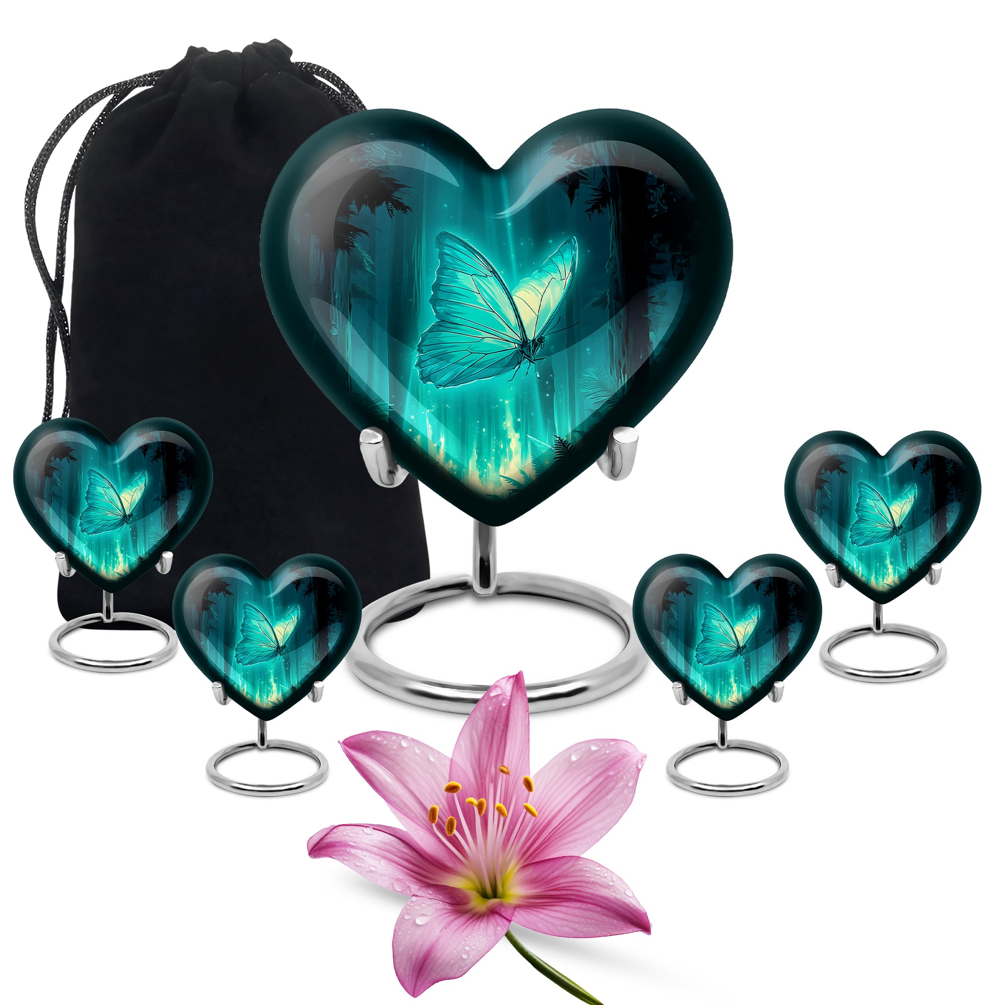 Tropical Teal Butterfly Cremation Urn close-up of engraving and surface detail - romantic heart urn with butterfly motif on aluminum - memorial set with one large and four small urns