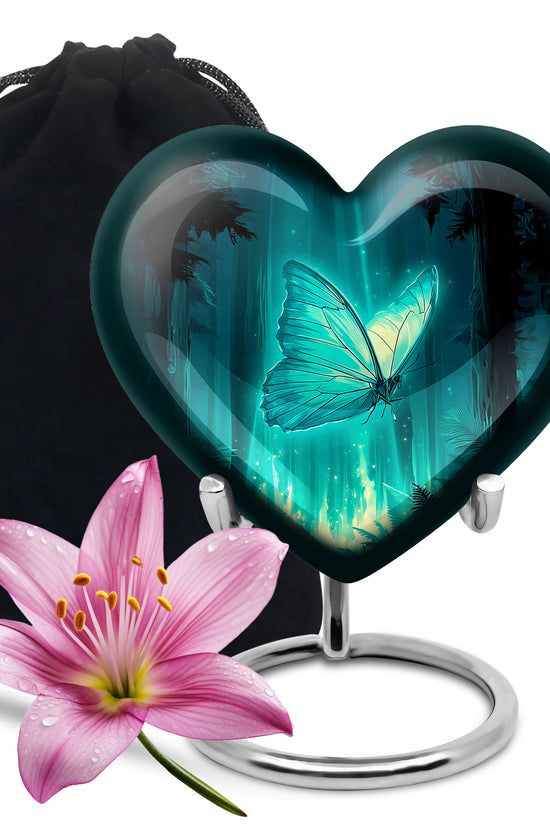 Soft Teal Butterfly Cremation Urn detail view - heart-shaped butterfly design symbolizing eternal love - full-size 10 inch 200 cubic inch adult cremation urn