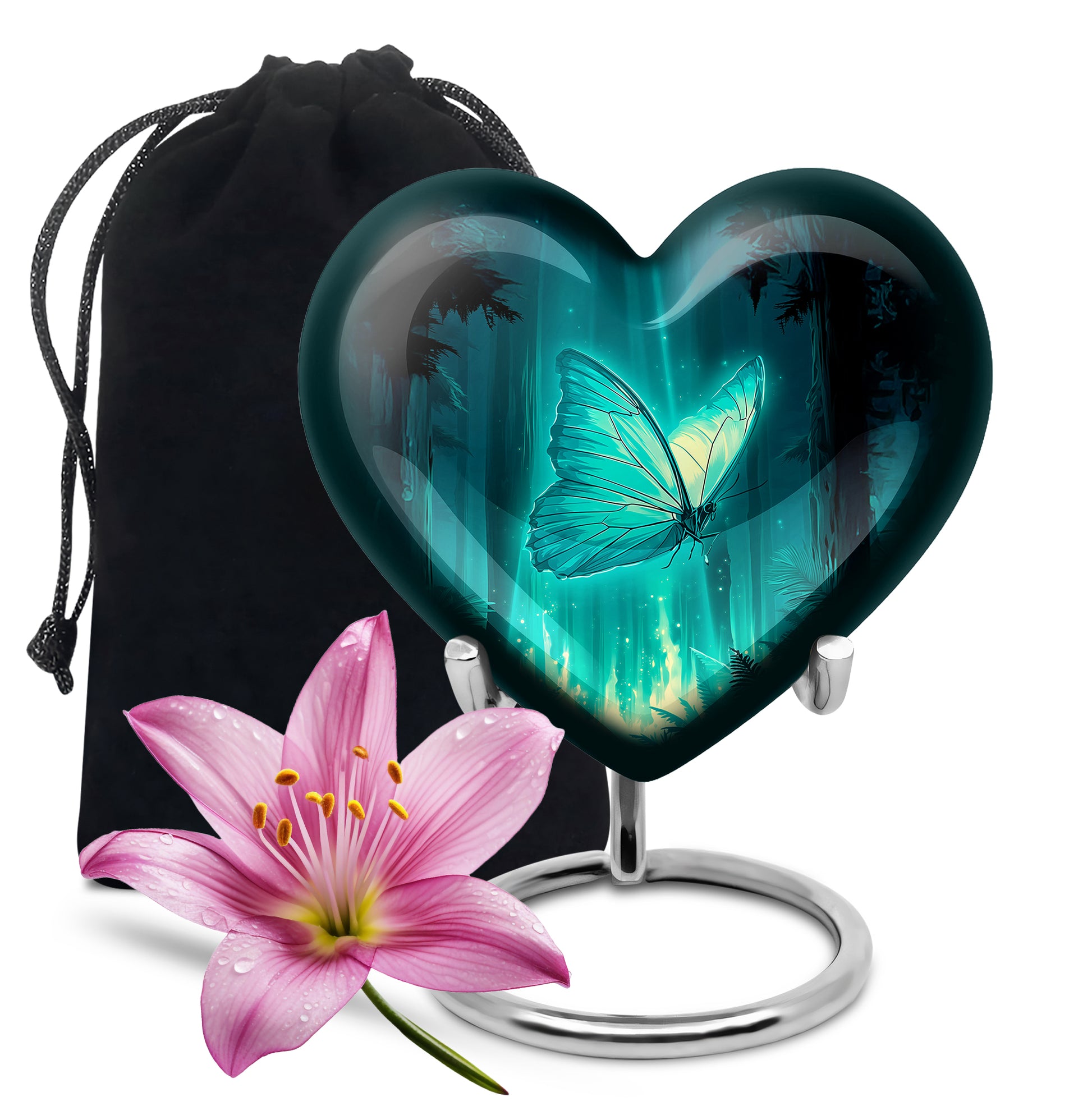 Soft Teal Butterfly Cremation Urn detail view - heart-shaped butterfly design symbolizing eternal love - full-size 10 inch 200 cubic inch adult cremation urn