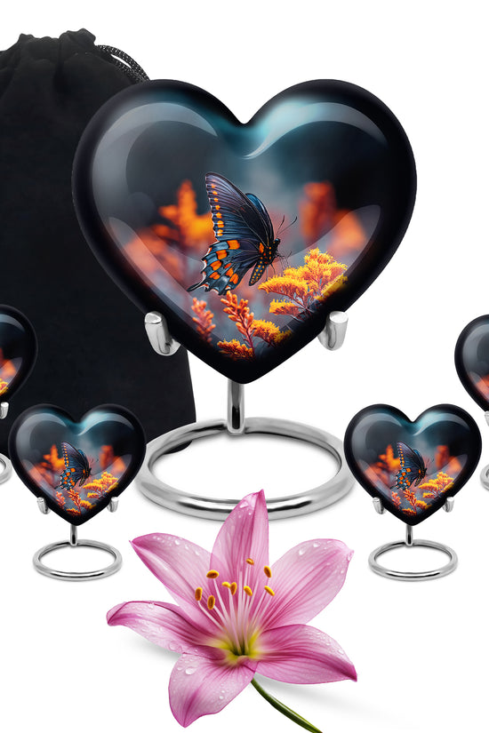 Misty Blue Butterfly Cremation Urn close-up of engraving and surface detail - heart-shaped butterfly design symbolizing eternal love - memorial set with one large and four small urns