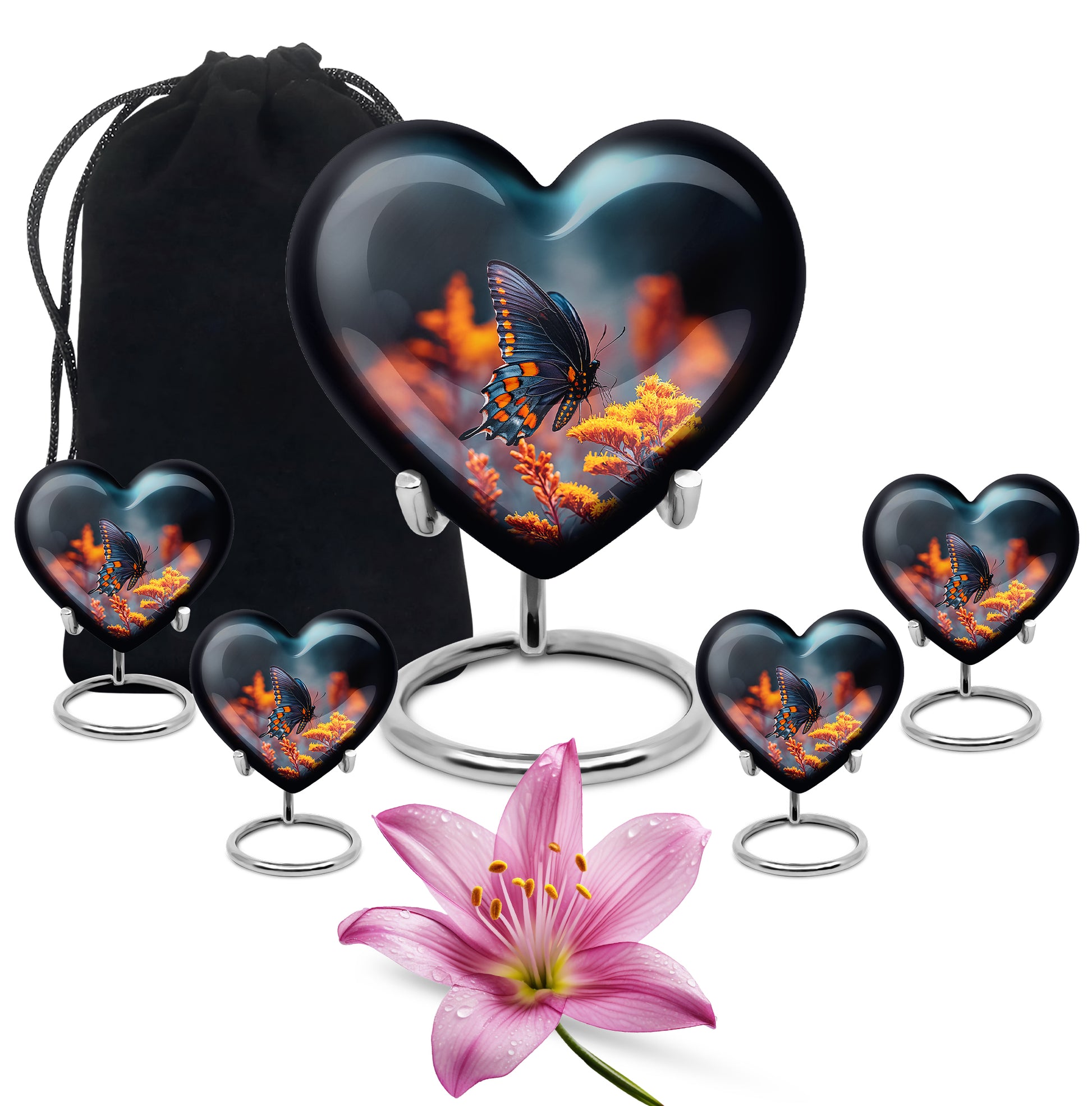 Misty Blue Butterfly Cremation Urn close-up of engraving and surface detail - heart-shaped butterfly design symbolizing eternal love - memorial set with one large and four small urns