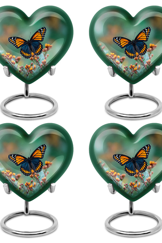 Verdant Green Butterfly Cremation Urn angled view of lid and engraved motif - loving heart memorial featuring butterfly pattern - 10 inch aluminum urn for cremated remains