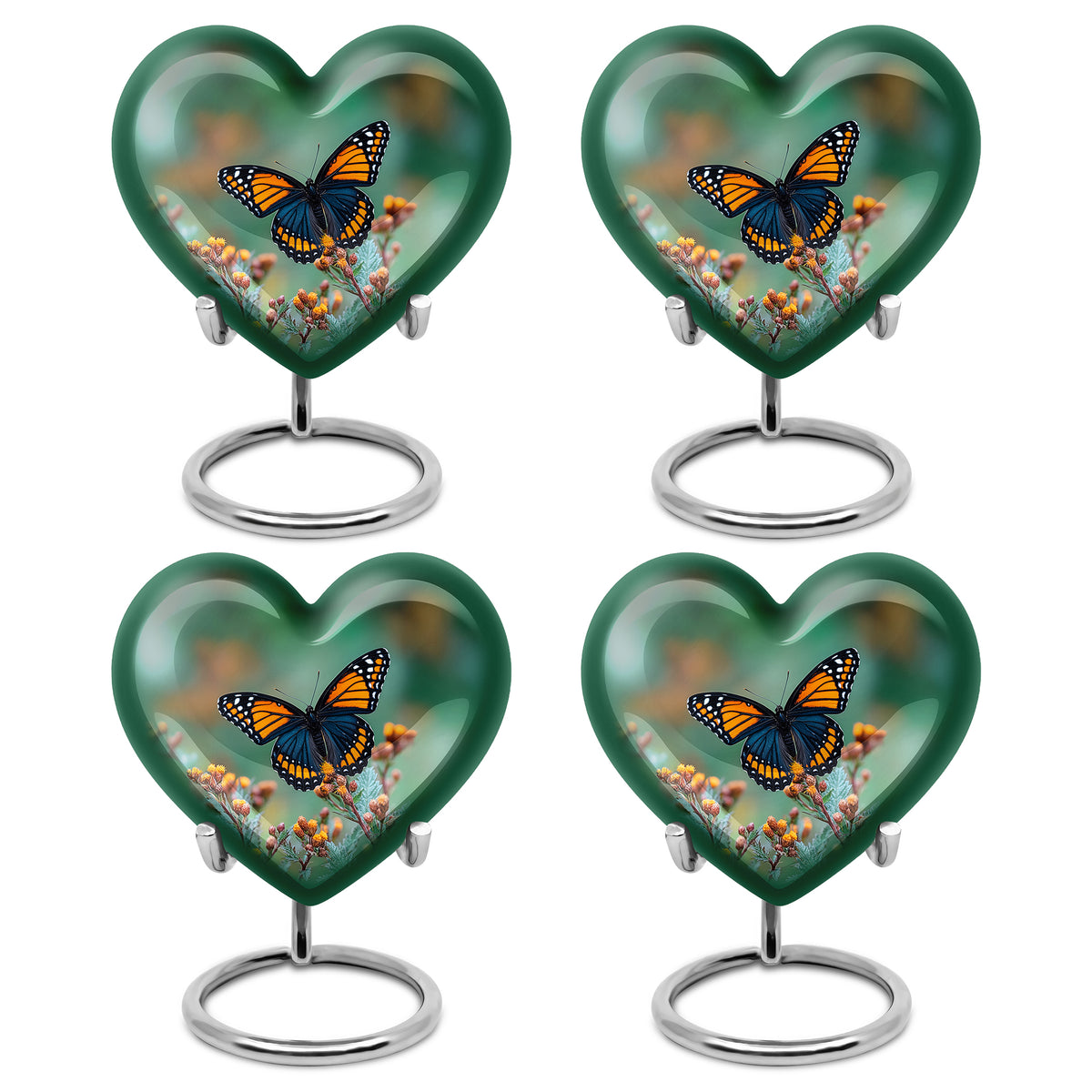 Verdant Green Butterfly Cremation Urn angled view of lid and engraved motif - loving heart memorial featuring butterfly pattern - 10 inch aluminum urn for cremated remains