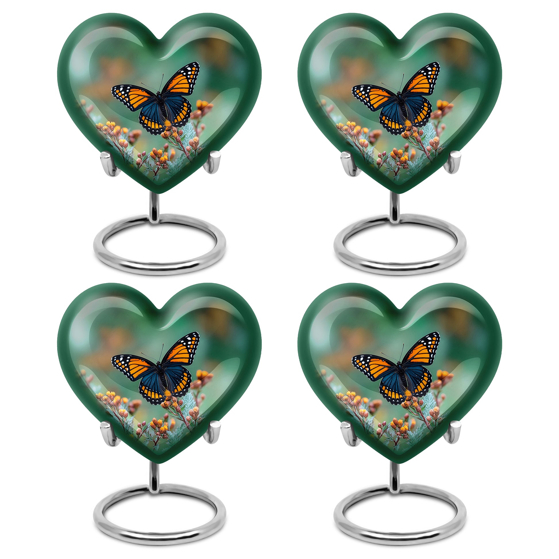 Verdant Green Butterfly Cremation Urn angled view of lid and engraved motif - loving heart memorial featuring butterfly pattern - 10 inch aluminum urn for cremated remains