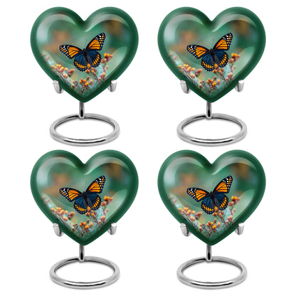 Verdant Green Butterfly Cremation Urn angled view of lid and engraved motif - loving heart memorial featuring butterfly pattern - 10 inch aluminum urn for cremated remains