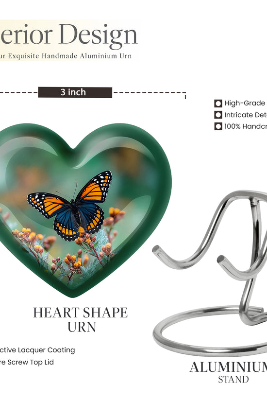 Verdant Green Butterfly Cremation Urn front view showing detailed design - loving heart memorial featuring butterfly pattern - mini keepsake memorial for portion of cremation ashes