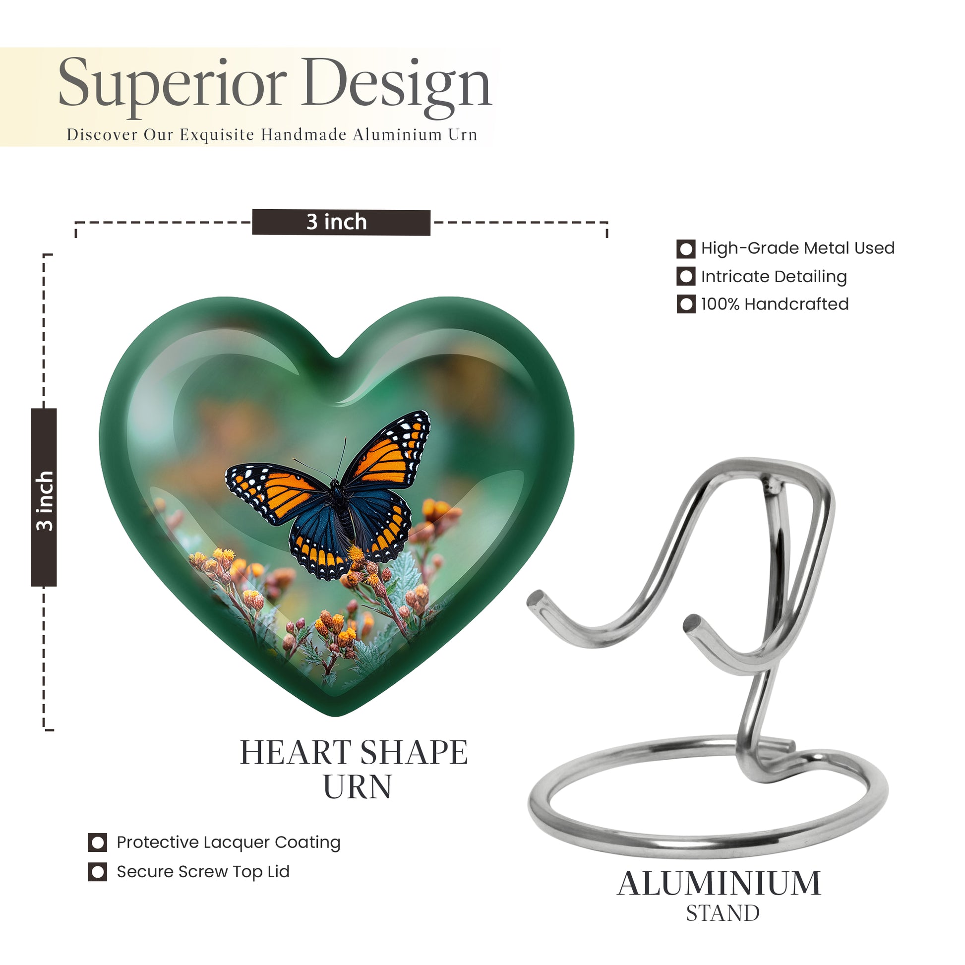 Verdant Green Butterfly Cremation Urn front view showing detailed design - loving heart memorial featuring butterfly pattern - mini keepsake memorial for portion of cremation ashes