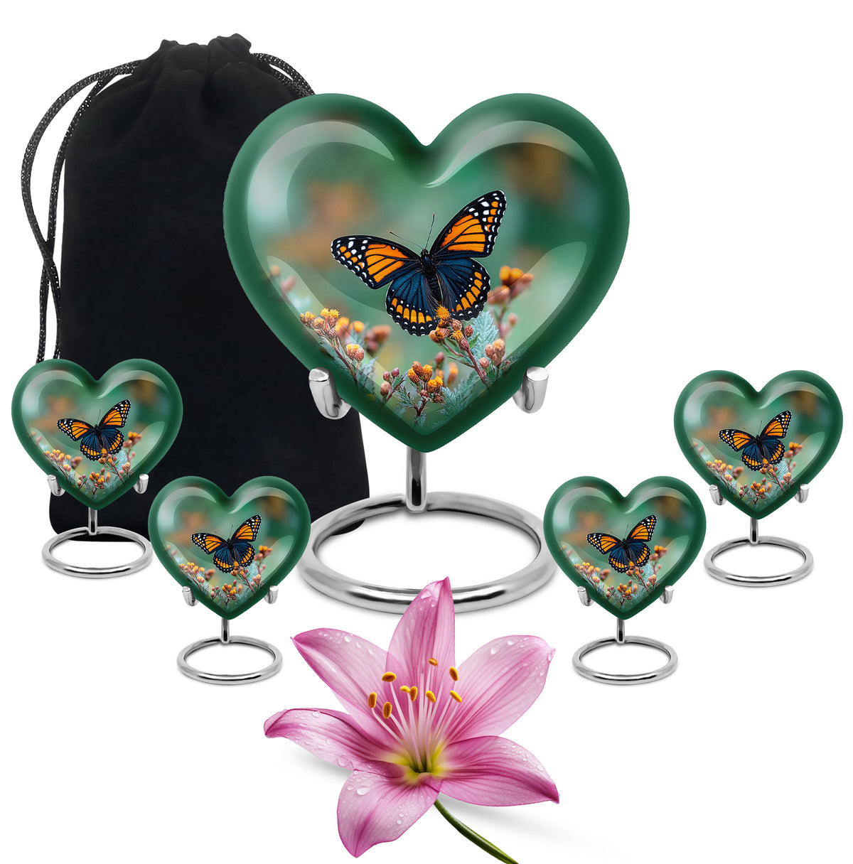 Mint Green Butterfly Cremation Urn close-up of engraving and surface detail - romantic heart urn with butterfly motif on aluminum - memorial set with one large and four small urns