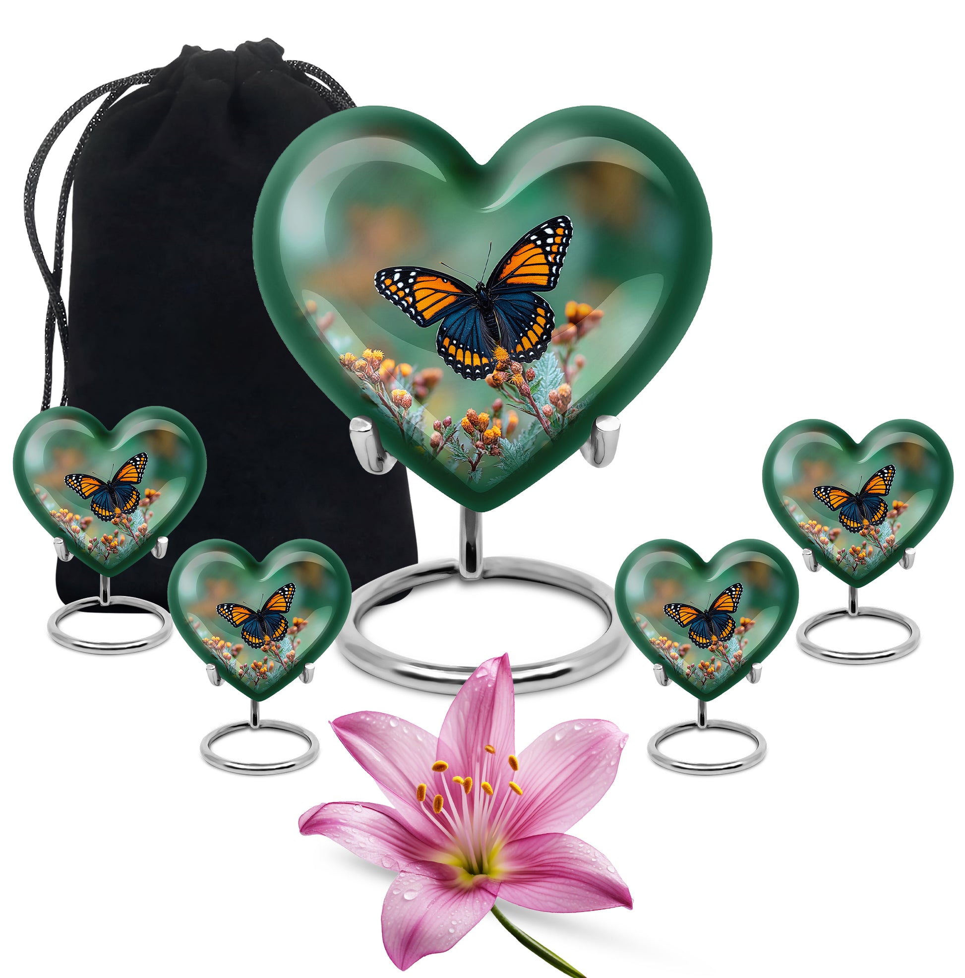 Mint Green Butterfly Cremation Urn close-up of engraving and surface detail - romantic heart urn with butterfly motif on aluminum - memorial set with one large and four small urns