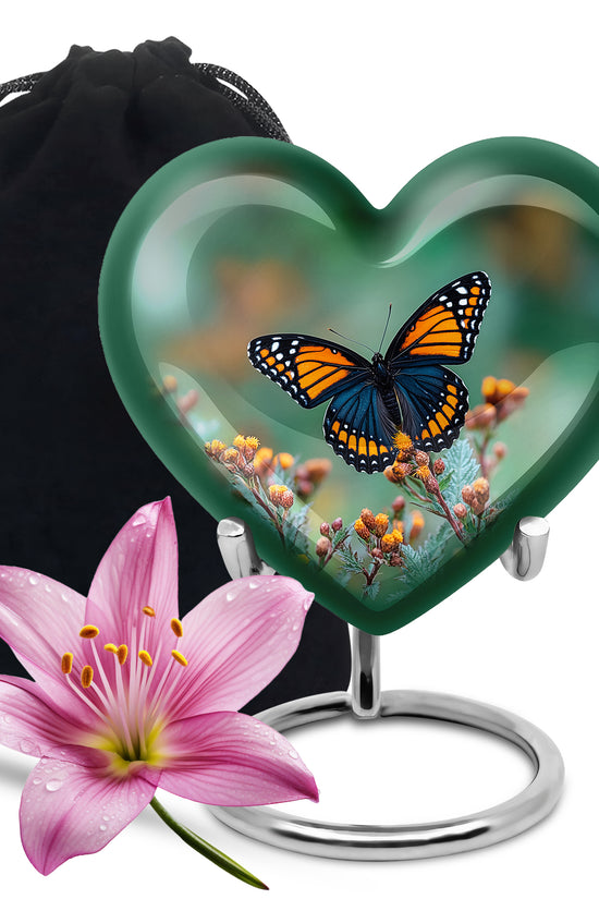Mint Green Butterfly Cremation Urn detail view - romantic heart urn with butterfly motif on aluminum - full-size 10 inch 200 cubic inch adult cremation urn