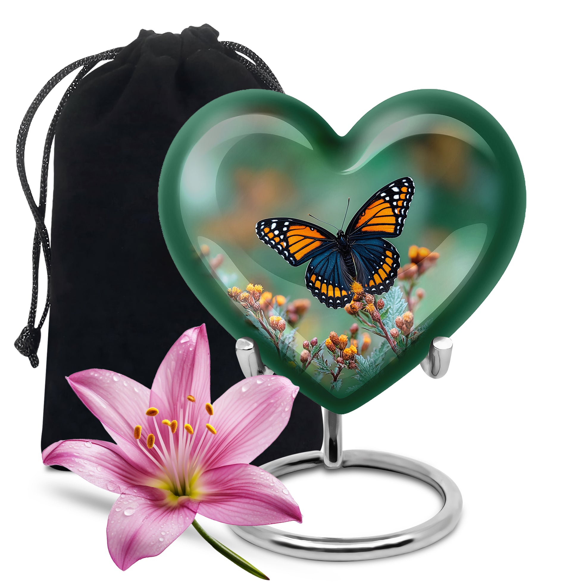 Mint Green Butterfly Cremation Urn detail view - romantic heart urn with butterfly motif on aluminum - full-size 10 inch 200 cubic inch adult cremation urn