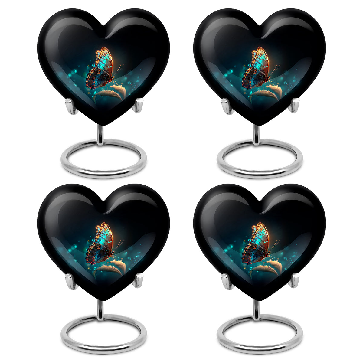 Dark Black Butterfly Cremation Urn angled view of lid and engraved motif - compassionate heart-butterfly combination with gentle curves - 10 inch aluminum urn for cremated remains