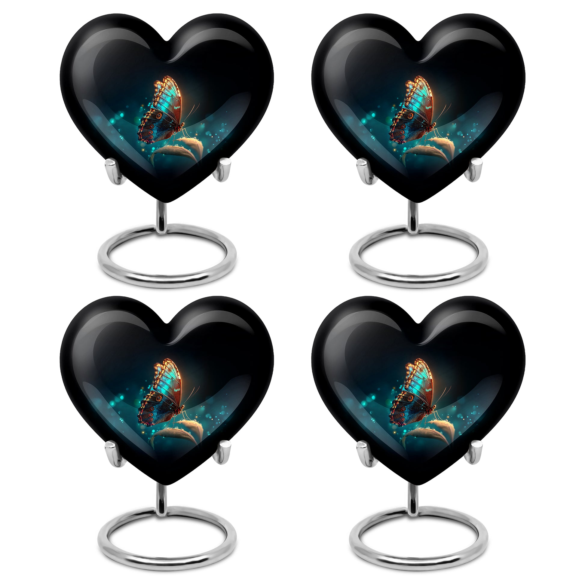 Dark Black Butterfly Cremation Urn angled view of lid and engraved motif - compassionate heart-butterfly combination with gentle curves - 10 inch aluminum urn for cremated remains