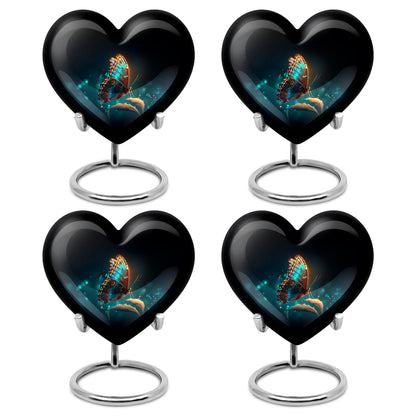 Dark Black Butterfly Cremation Urn angled view of lid and engraved motif - compassionate heart-butterfly combination with gentle curves - 10 inch aluminum urn for cremated remains