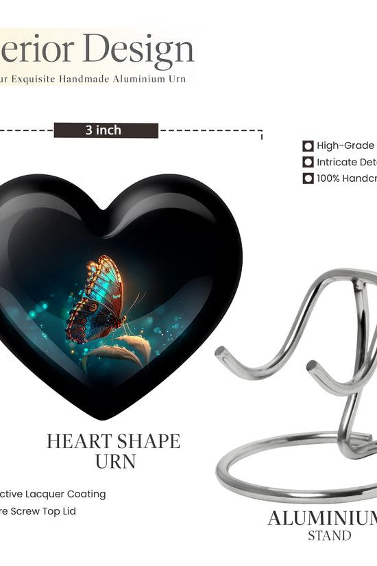 Midnight Black Butterfly Cremation Urn front view showing detailed design - romantic heart urn with butterfly motif on aluminum - mini keepsake memorial for portion of cremation ashes