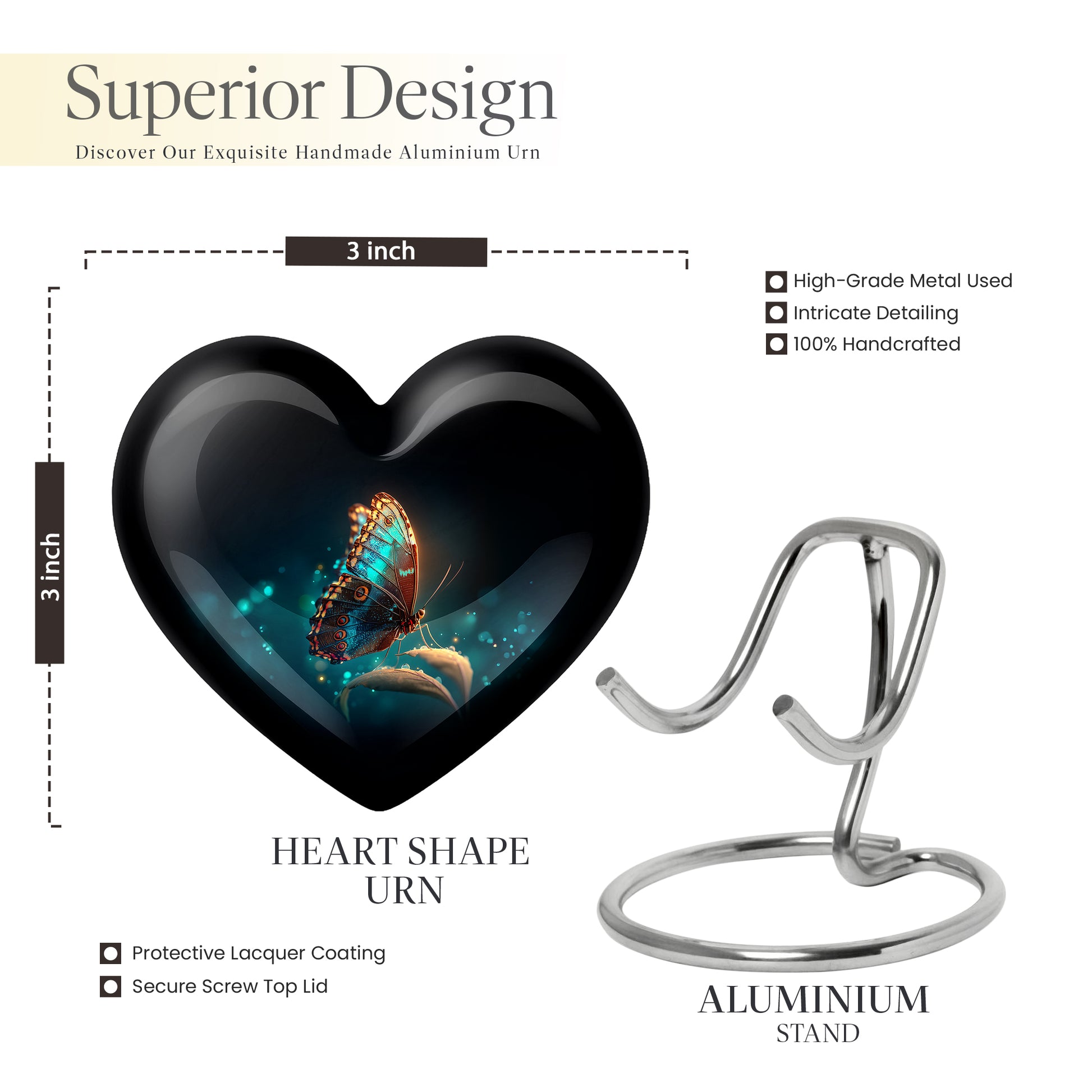 Midnight Black Butterfly Cremation Urn front view showing detailed design - romantic heart urn with butterfly motif on aluminum - mini keepsake memorial for portion of cremation ashes