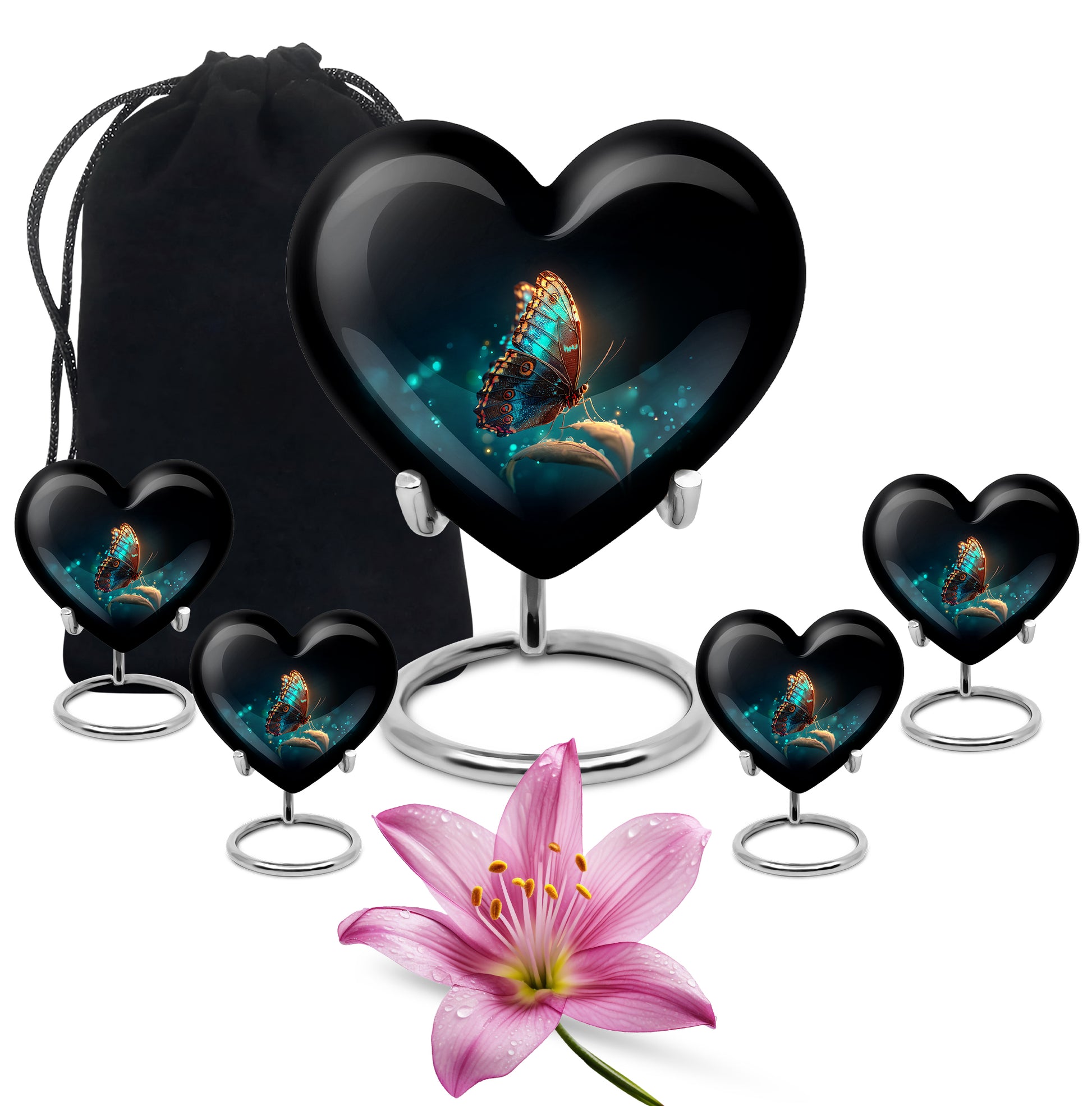 Midnight Black Butterfly Cremation Urn close-up of engraving and surface detail - compassionate heart-butterfly combination with gentle curves - memorial set with one large and four small urns