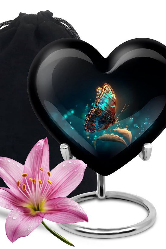 Obsidian Black Butterfly Cremation Urn detail view - romantic heart urn with butterfly motif on aluminum - full-size 10 inch 200 cubic inch adult cremation urn
