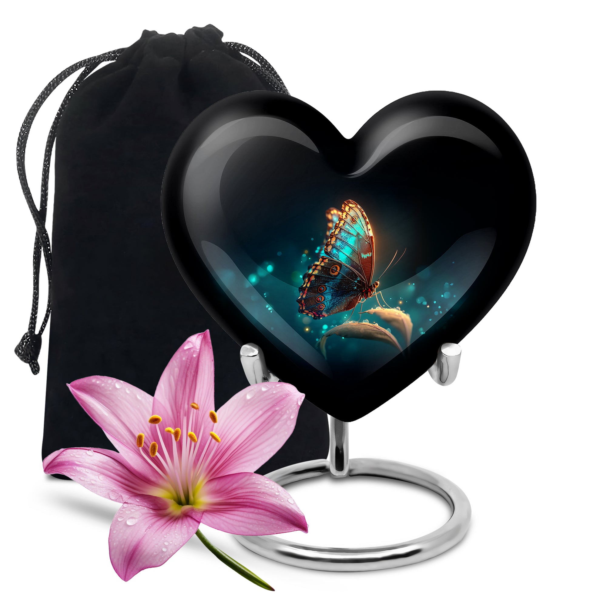 Obsidian Black Butterfly Cremation Urn detail view - romantic heart urn with butterfly motif on aluminum - full-size 10 inch 200 cubic inch adult cremation urn