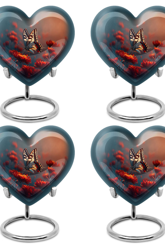 Twilight Blue Butterfly Cremation Urn angled view of lid and engraved motif - compassionate heart-butterfly combination with gentle curves - 10 inch aluminum urn for cremated remains