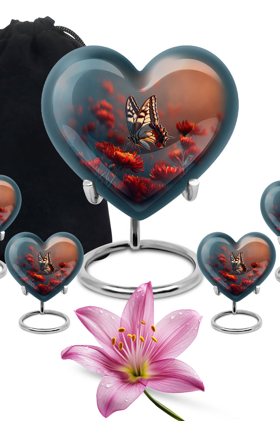 Steel Blue Butterfly Cremation Urn close-up of engraving and surface detail - romantic heart urn with butterfly motif on aluminum - memorial set with one large and four small urns