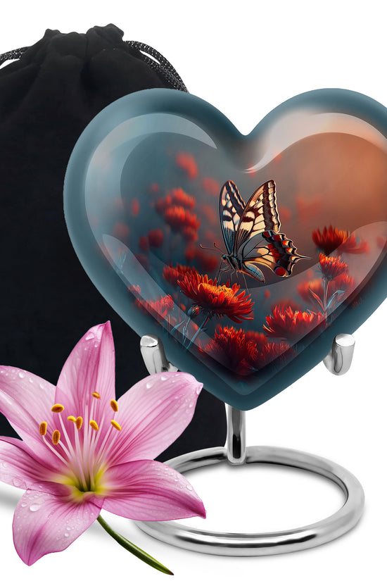 Icy Blue Butterfly Cremation Urn detail view - heart-shaped butterfly design symbolizing eternal love - full-size 10 inch 200 cubic inch adult cremation urn