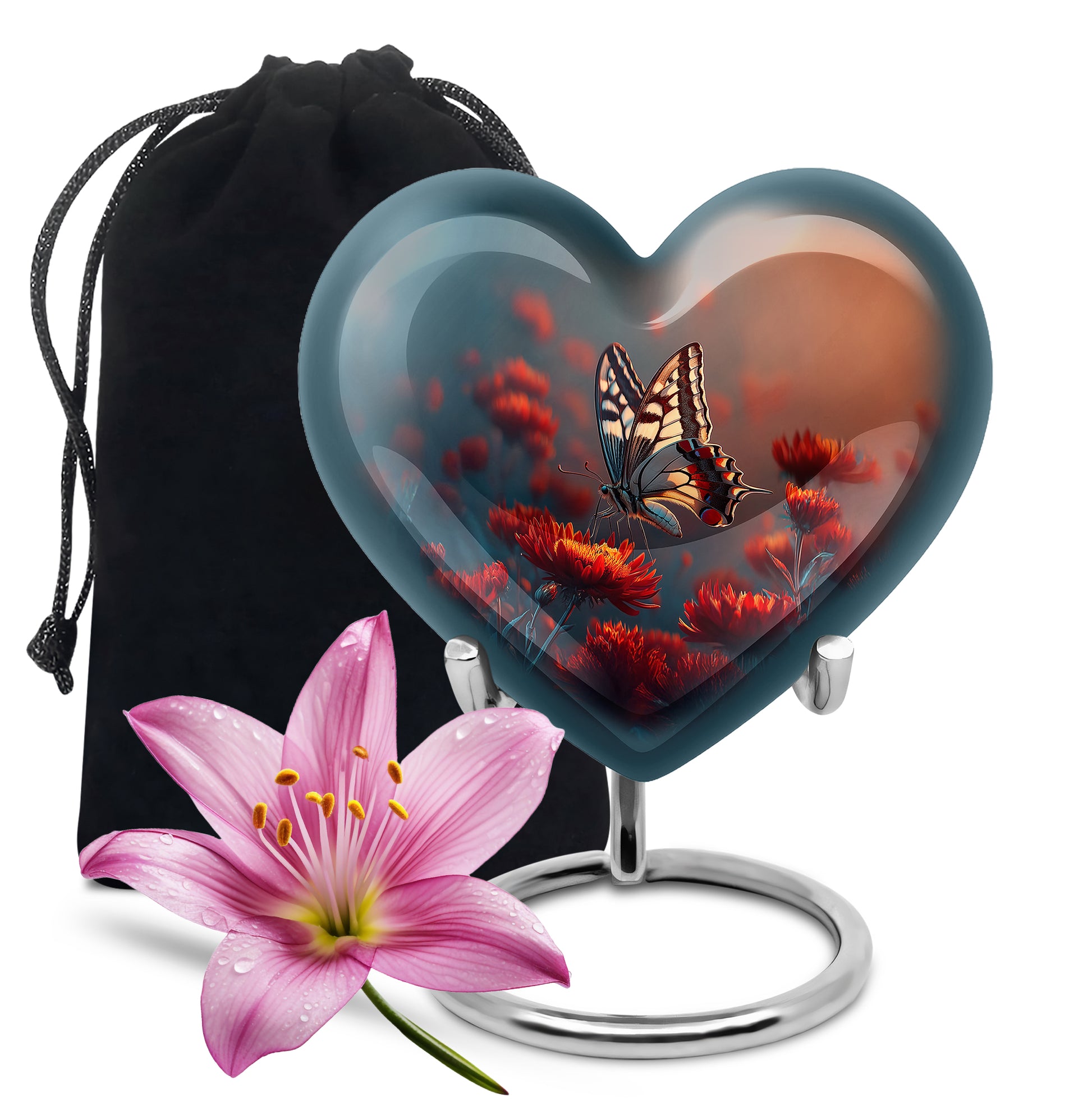 Icy Blue Butterfly Cremation Urn detail view - heart-shaped butterfly design symbolizing eternal love - full-size 10 inch 200 cubic inch adult cremation urn