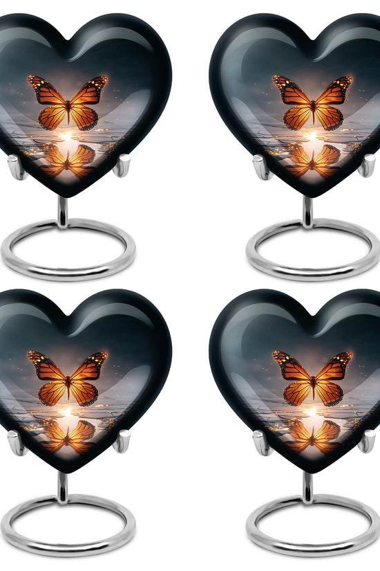 Serene Blue Butterfly Cremation Urn angled view of lid and engraved motif - romantic heart urn with butterfly motif on aluminum - 10 inch aluminum urn for cremated remains